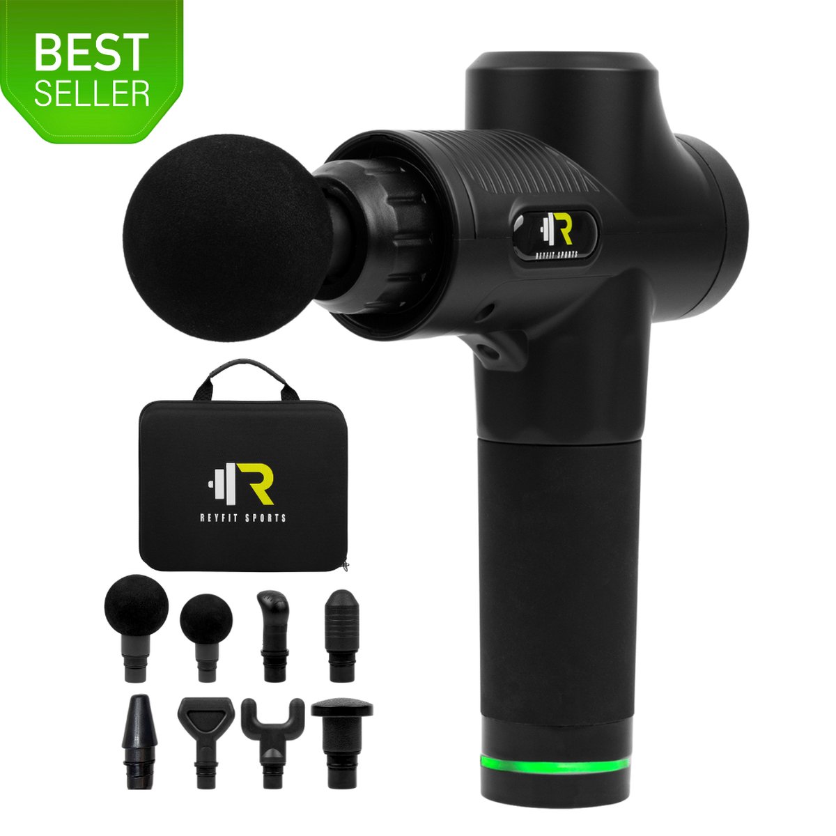 ReyFit Sports Massage Gun Pro - 30 Standen en 8 Opzetstukken - Sport En Relax Massageapparaat - Massage Pistool - Fitness Spier Massagegun - Inclusief Koffer - Vaderdag Cadeau