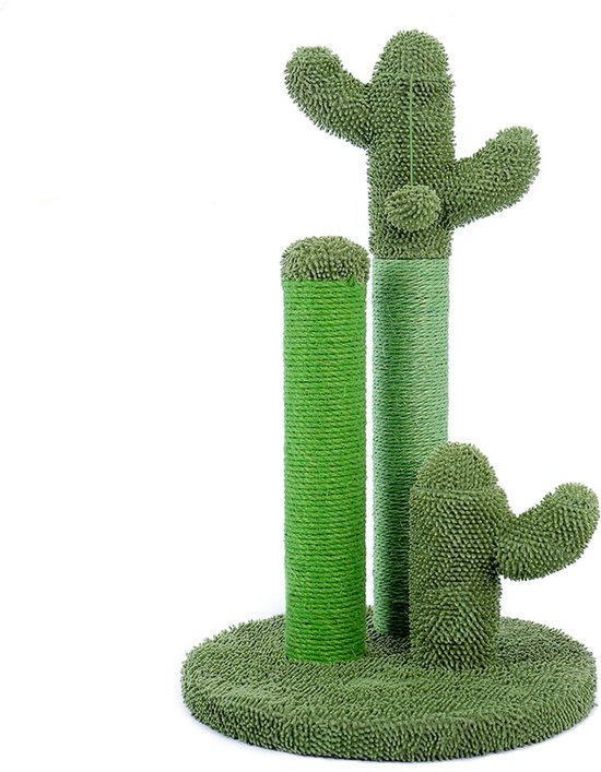 Groene cactus krabpaal met sisal touw, speelballetje en extra sterk plateau op de grond.