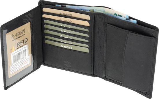 Open zwarte portemonnee met kaarten, biljetten en een RFID Protected label.