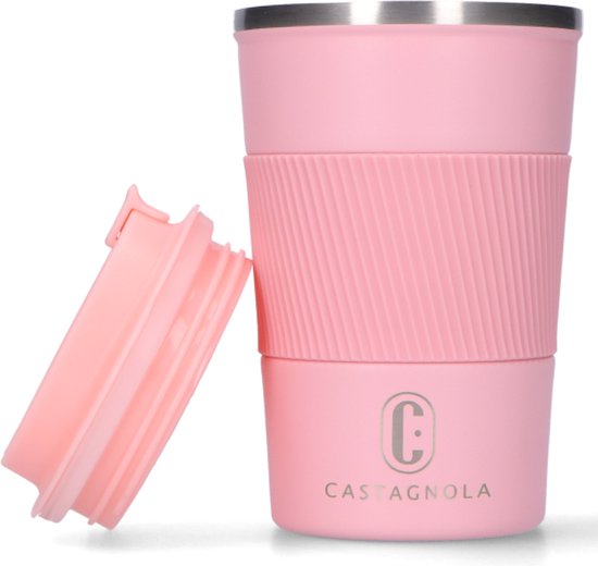 Castagnola Thermosbeker - Koffiebeker To Go - Travel Mug voor Koffie en Thee - Theebeker - 380 ML - RVS - Roze