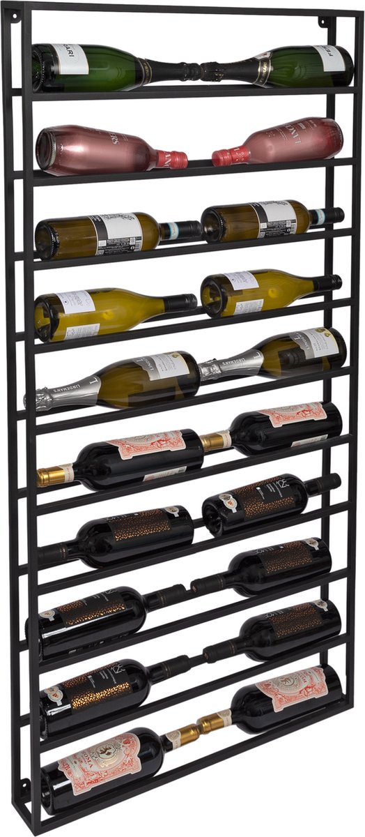 Eleganca Wijnrek Muur – Ruimte voor 20 flessen – Wijnrek hangend aan muur – H137 x B69 x D9 cm - Voorgemonteerd – Metaal – Flessenrek - Zwart