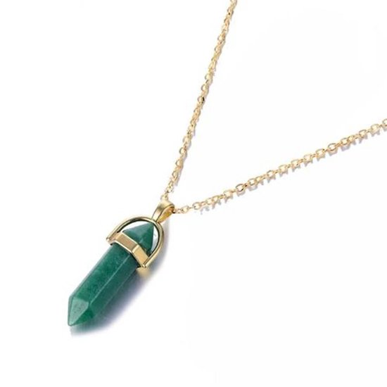 Collier doré avec pendentif cristal vert pointu.