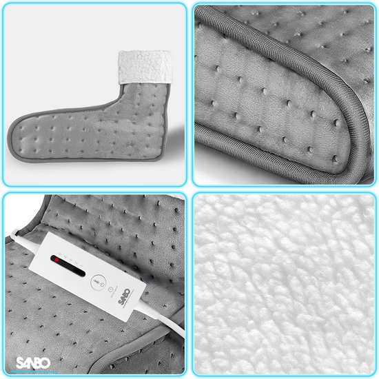 Grijze elektrische voetverwarmer met witte schapenvacht voering. Close-up van de naden en het zachte materiaal.