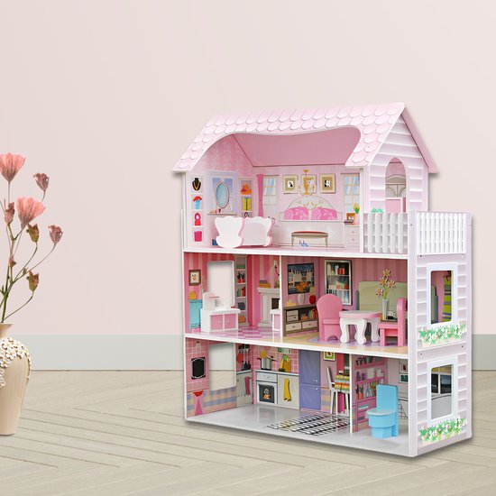 Houten Poppenhuis Mansion Villa XXL | Meubelset 28pcs | 4 Verdiepingen