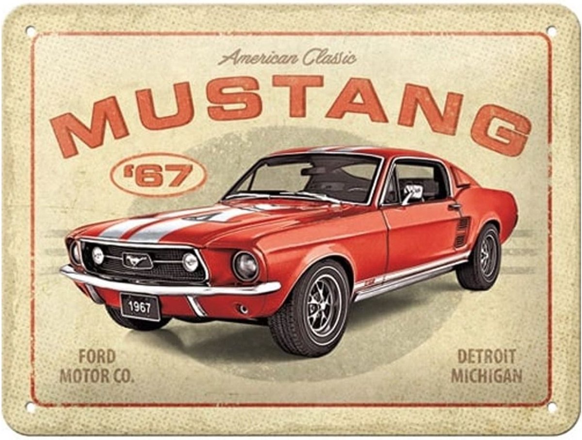 Metaal Bord 15 x 20cm Ford Mustang - GT 1967 Red
