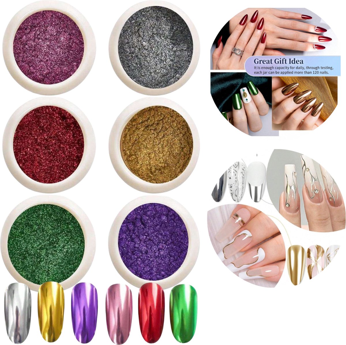 Goedkoopste GUAPÀ® Mirror Spiegel Poeder 6 pcs | Holografische Glitter Poeder Set | 6 Nail Art glitters | Nail Art & Nagel Decoratie | 6 stuks diverse kleur nagelpoeder
