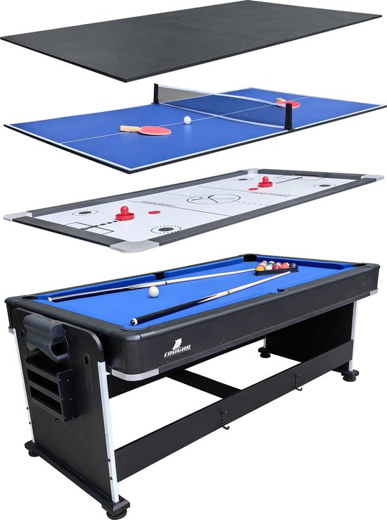 Foto: Cougar 4 in 1 multi speeltafel zwart pooltafel air hockey tafeltennis eettafel inclusief accessoires