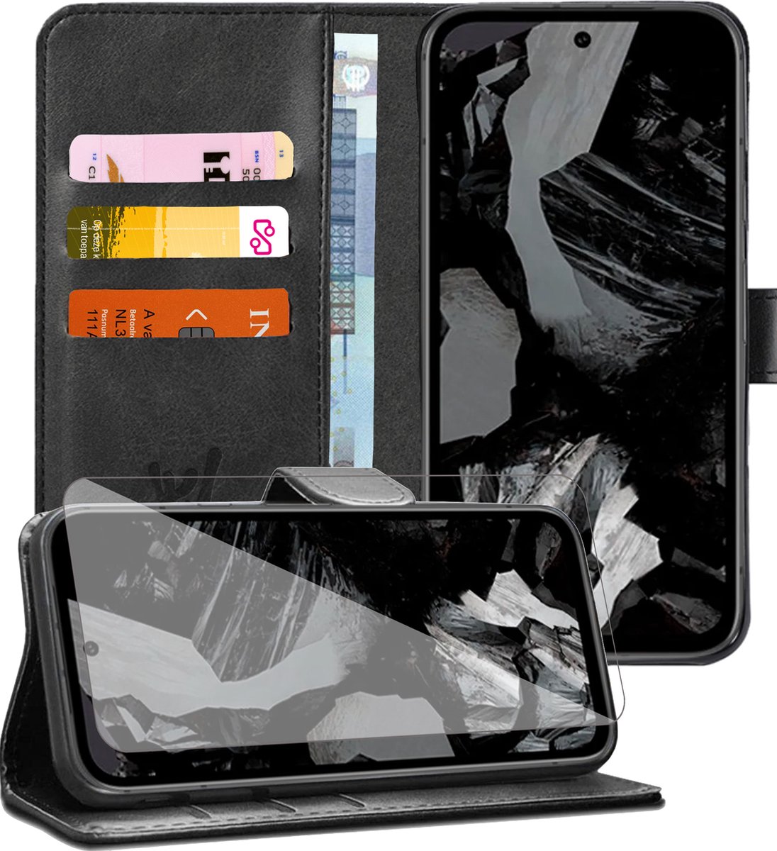 Hoesje geschikt voor Google Pixel 8a - Screenprotector Glas - Portemonnee Book Case Zwart
