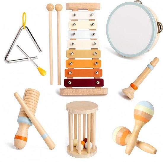 Kit Tambour En Bois Montessori – Batterie Avec Xylophone, Cymbales, Tambours, Maillets – Jouet Musical Dès 3 Ans