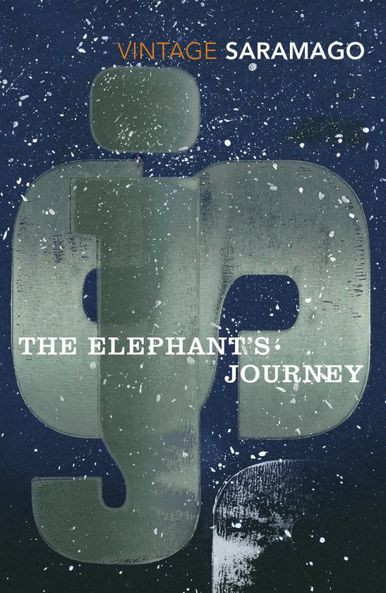 Vintage Saramago: The Elephant's Journey. Grijze cijfers op donkerblauwe achtergrond met witte spetters.