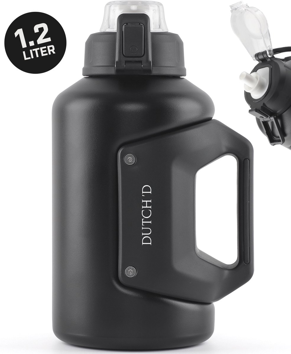 Dutch'D ® - 1,2 liter - Thermo Water jug - Zwart - Roestvrij Staal - Robuust- BPA Vrij - Lek Vrij - Grote waterfles - Rietje