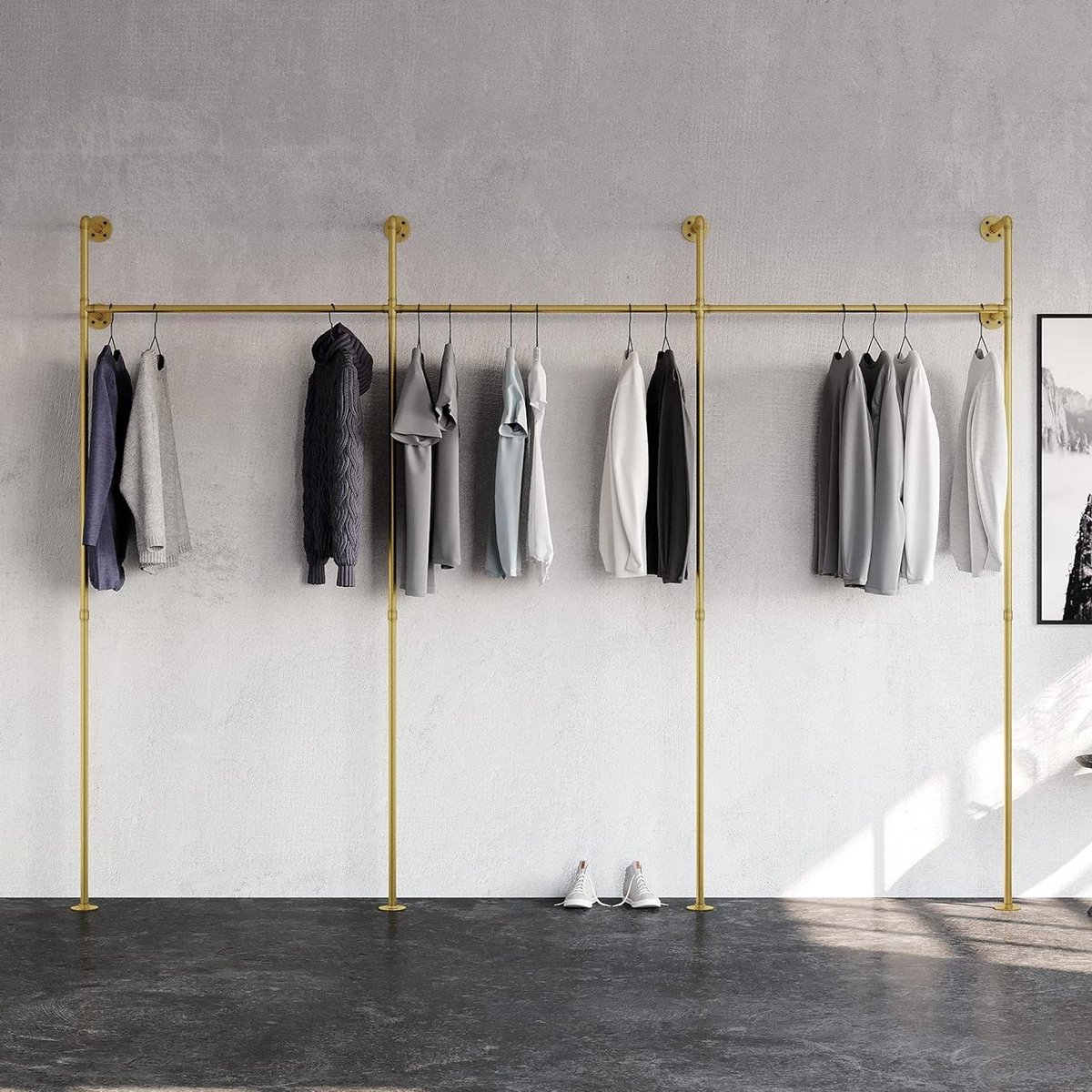 Wandmontage kledingstang zware belasting waterleidingen industrieel goud - KIM III kledingkasten slaapkamer