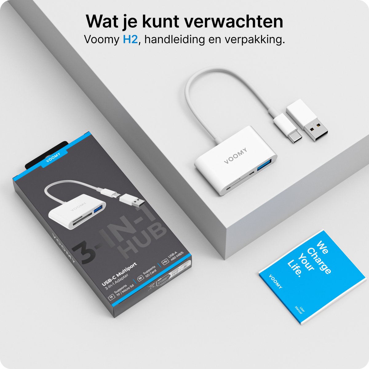 Voomy SD Kaart Lezer - 3 in 1 - SD / Micro SD / TF Card Reader - USB C & USB A - Kaartlezer Wit - Geschikt voor Laptop / Smartphone / Tablet / Universeel — afbeelding 7