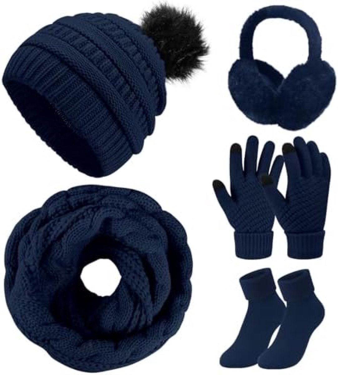 5-delige winter gebreide winterset voor dames - Marineblauw (Eén maat)