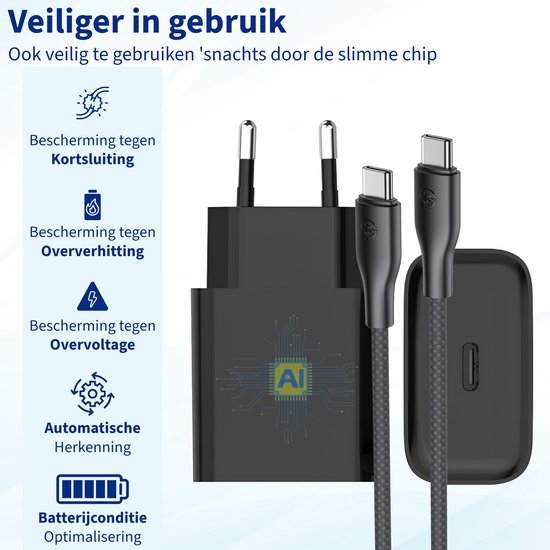 Usb C Snellader - Usb C Oplader - Snellader 45w - Super Snel Laden geschikt voor Samsung - Usb C Adapter met Oplaadkabel 3 Meter