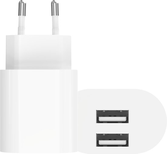 Witte USB-oplader met twee poorten en Europese stekker, recht van voren bekeken.