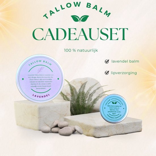 Tallow whipped eco cadeauset met 2 tallow producten - 100% natuurlijke lavendel balm met Doterra olie - Tallow lip balm met rauwe honing