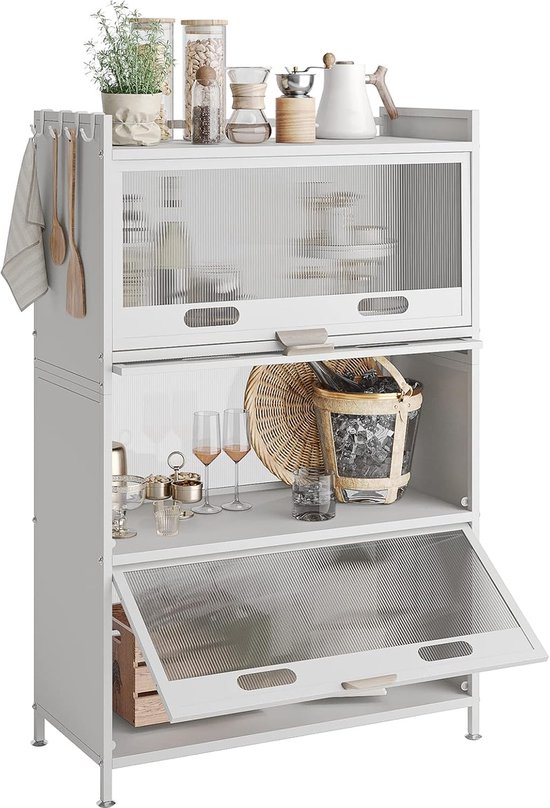Fiutazge Keukenkasten, hoge kast, keukenbuffet met wielen, buffetkast met verstelbare planken en zichtbare deuren, eetkamerkast, multifunctionele kast, vitrinekast, 66 x 36 x 160 cm