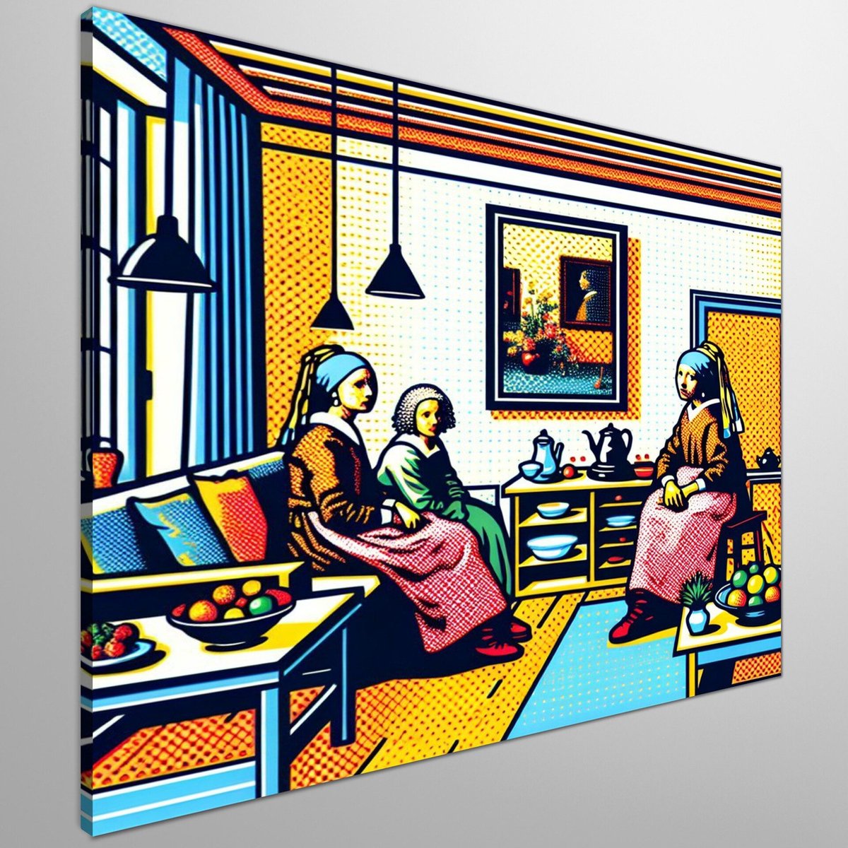 Pop art vermeer schilderij | Vibrant Vermeer: A Contemporary Take on Classic Pop Art | Kunst - 40x40 centimeter op Canvas | Foto op Canvas