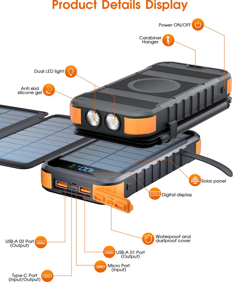 Sounix Solar Powerbank 20.000 mAh met Zaklamp en Snellader - afbeelding 2