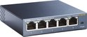 Blauwe TP-Link 5-poorts Gigabit Desktop Switch TL-SG105 met vijf ethernetpoorten, genummerd 1 t/m 5.