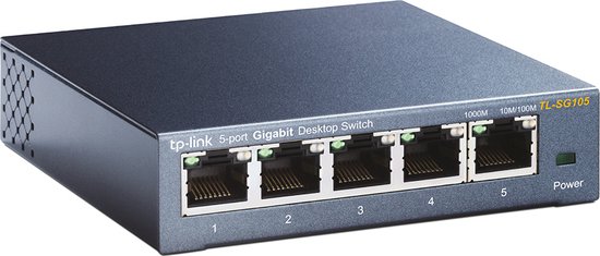 Blauwe TP-Link 5-poorts Gigabit Desktop Switch TL-SG105 met vijf ethernetpoorten, genummerd 1 t/m 5.