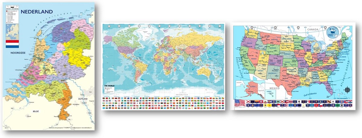 Posterpoint Wereldkaart poster - Nederland kaart poster - Amerika kaart poster - Set van drie posters - Schoolkaarten - Formaat 70 x 100 cm - drukgang 2024 - multi - wanddecoratie Multicolor