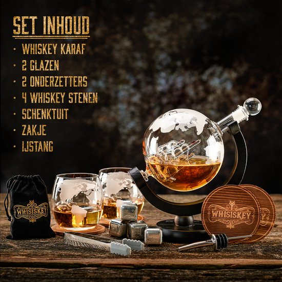 Whisiskey Whiskey Karaf - Wereldbol - Luxe Whisky Karaf Set - 0,9 L - Decanteer karaf - Whiskey Set - Incl. 4 RVS Whiskey Stones, 2 Whiskey Glazen & Extra Accessoires