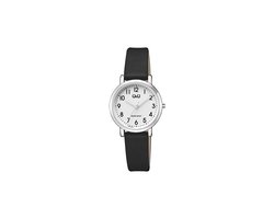 Q&Q Q58A-007PY - Horloge - Analoog - Vrouwen - Dames - Leren band - Rond - Metaal - Cijfers - Zwart - Zilverkleurig - Wit - 3ATM