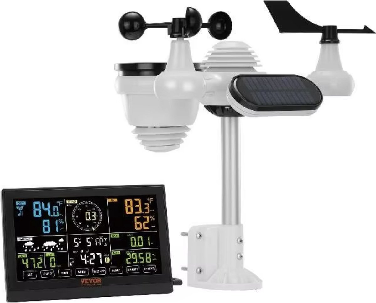 J&R Weerstation - Windsnelheid - Windrichting - Temperatuur - Vochtigheid - Regenval - Licht - Digitaal - Display - Zonne-energie