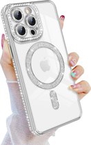 Coque magnétique adaptée pour : iPhone 15 Pro Max [compatible avec Magsafe] Sparkle Clear Glitter Luxe Antichoc Antidérapant Filles Femmes – Coque en TPU souple – Argent