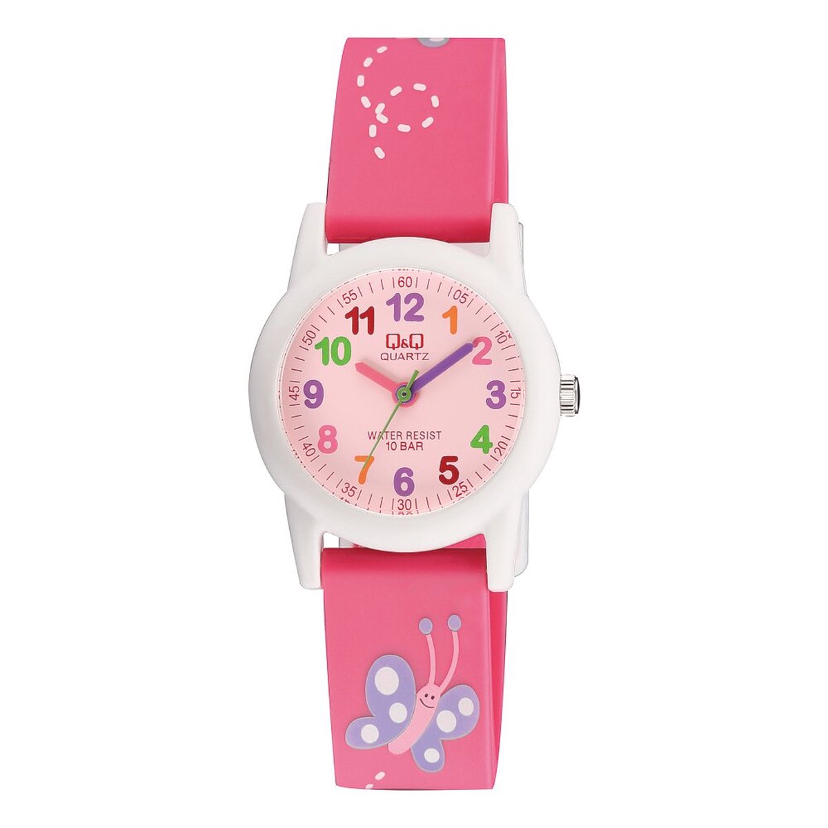 QQ VR99J002Y - Horloge - Sport - Analoog - Kinderen - Unisex - Plastic band - Rond - Kunststof - Cijfers - Vlinder - Roze - Wit - Multi - 10 ATM
