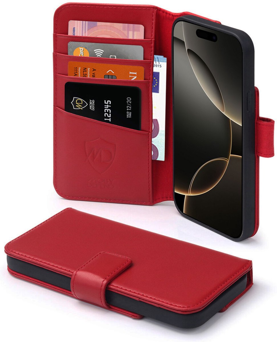 MobyDefend Hoesje - Geschikt voor iPhone 16 Pro - Luxe Leren Wallet Bookcase - Rood