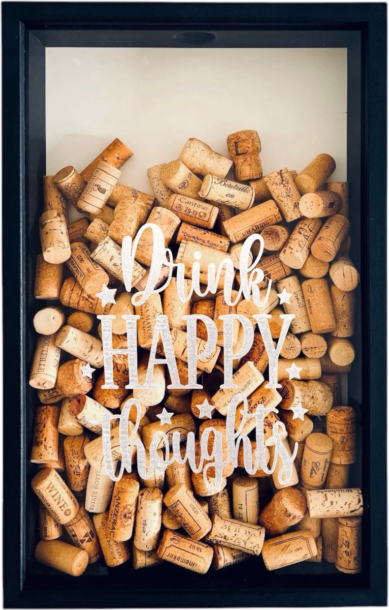 Proostbox Zwart - Drink Happy Thoughts - 50x32cm - Handgemaakte Kurkbox | Wijn cadeau | Wijn Kurkhouder | Wijnkurk bewaardoos