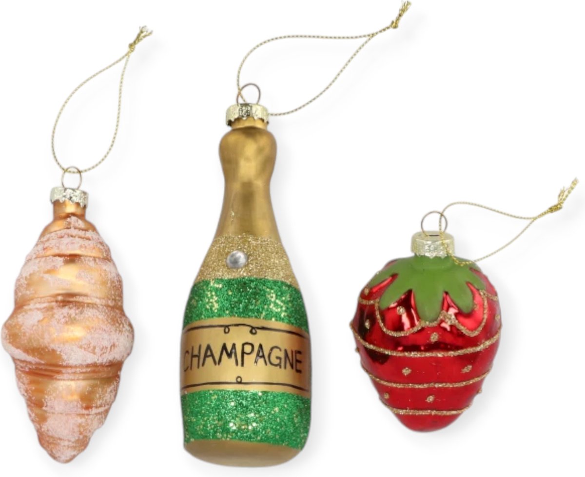 Daan Kromhout - Set/3 - Glazen kerstornamenten - Kerstballen - French Breakfast - Kerst - 5 x 12 cm