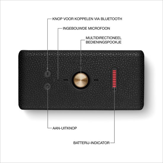 Top view van een zwarte Marshall-speaker met bedieningselementen: aan/uitknop, Bluetooth-knop, microfoon, gouden joystick en batterij-indicator.