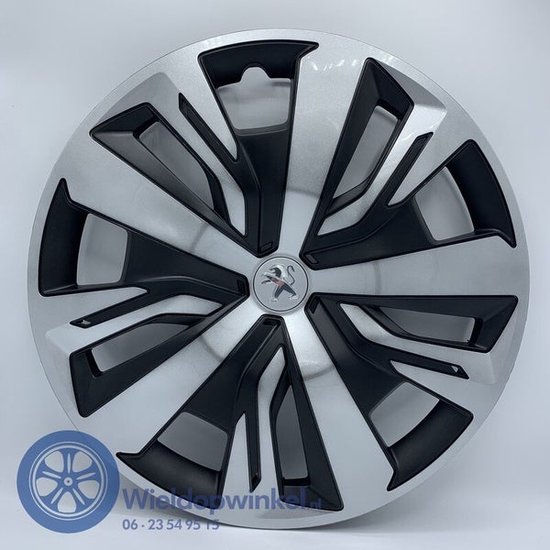 Originele 16-inch Peugeot wieldop, zilverkleurig met zwarte accenten en een Peugeot-logo in het midden.