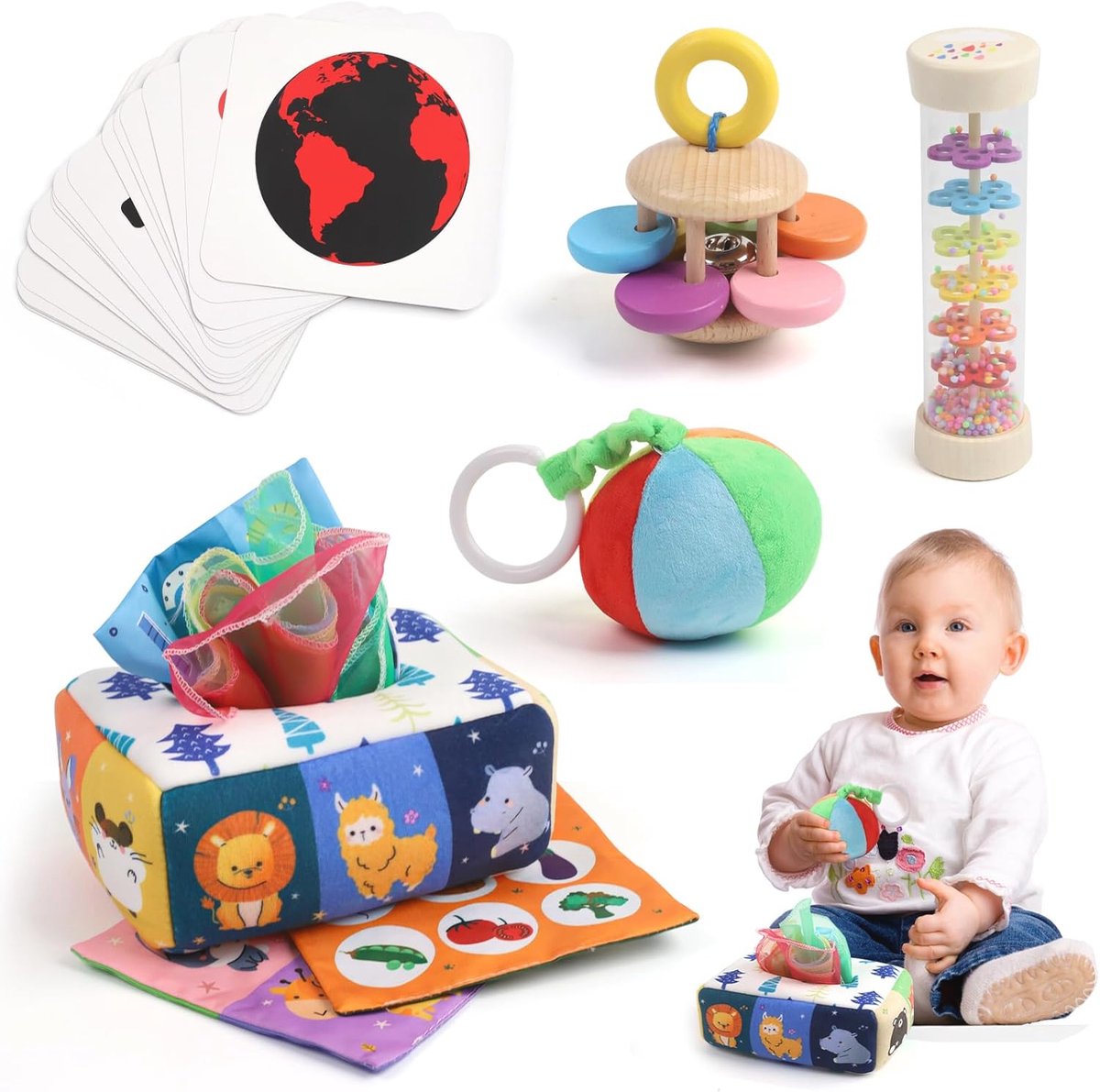 Montessori Babyspeelgoed voor 0-6 Maanden - 5-in-1 Houten Rammelaar en Regenmaker met Sensorische Stimulatie