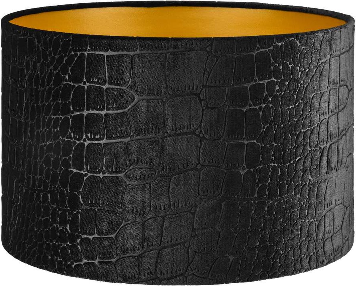 Lampenkap Cilinder - 25x25x16cm - Croco zwart - gouden binnenkant
