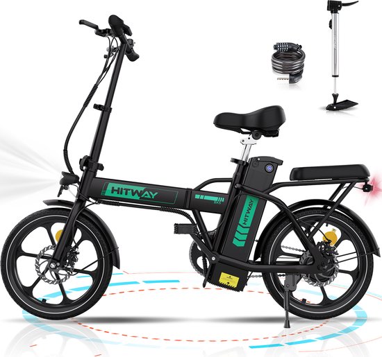 Hitway Elektrische Fiets BK5S - Trendy 16 Inch City Commuter EBike met Afneembare 36V 10.4Ah Lithium Batterij - Opvouwbaar E-Bike met 250W Motor - IP54 Waterproof