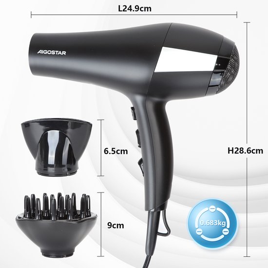 Zwarte Aigostar haardroger met afmetingen L24.9cm en H28.6cm, inclusief diffuser (9cm) en concentrator (6.5cm). Gewicht 0.683kg.