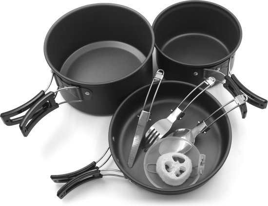 18-delige Campingset - Lichtgewicht Kookset met Pannen, Theepot, Servies & Bestek - Compact & Non-stick van Merkloos — afbeelding 3