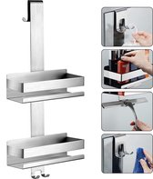 CALIYO Étagère de douche – Étagère de douche suspendue à 2 niveaux en acier inoxydable 304 – Étagère de douche à suspendre – Étagère de douche, support de Shampooing avec crochet pour porte en verre sans cadre