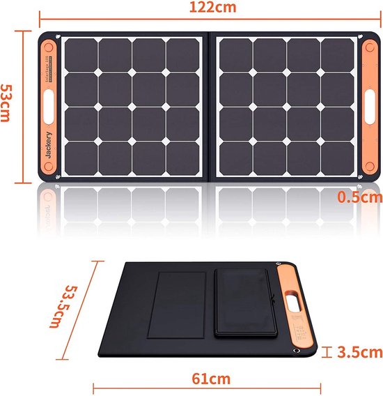 Afmetingen van Jackery SolarSaga 100 zonnepaneel: 122x53cm opengevouwen, 61x53.5cm opgevouwen. Dikte 0.5cm en 3.5cm.