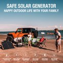 Een gezin geniet van een stranddag met een Jackery Explorer krachtcentrale, zonnepanelen en een oranje jeep. Beschermingspictogrammen worden getoond.