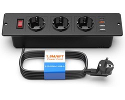 StayPowered Inbouw Stekkerdoos - Houd Je Werkplek Netjes en Opgeladen - 3 Stopcontacten - USB-C PD 20W - 3 USB-A Poorten - Snelle Oplaadtijden - Eenvoudige Inbouw - Elegant Design - Zwart - Levering Sneller dan Aangegeven!