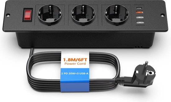StayPowered Inbouw Stekkerdoos - Houd Je Werkplek Netjes en Opgeladen - 3 Stopcontacten - USB-C PD 20W - 3 USB-A Poorten - Snelle Oplaadtijden - Eenvoudige Inbouw - Elegant Design - Zwart - Levering Sneller dan Aangegeven!
