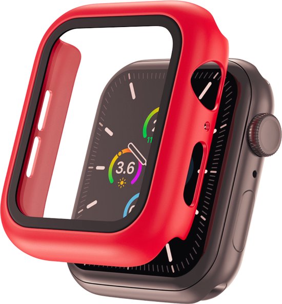 Rood Apple Watch 45mm hoesje met screenprotector, half op een Apple Watch geplaatst.
