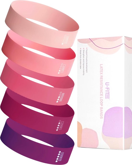 U Fit One Weerstandsbanden Set van 5 stuks - Extra sterk tot 16kg - 5 Kleuren - Resistance Band - Fitness Elastiek - Booty Band - Roze