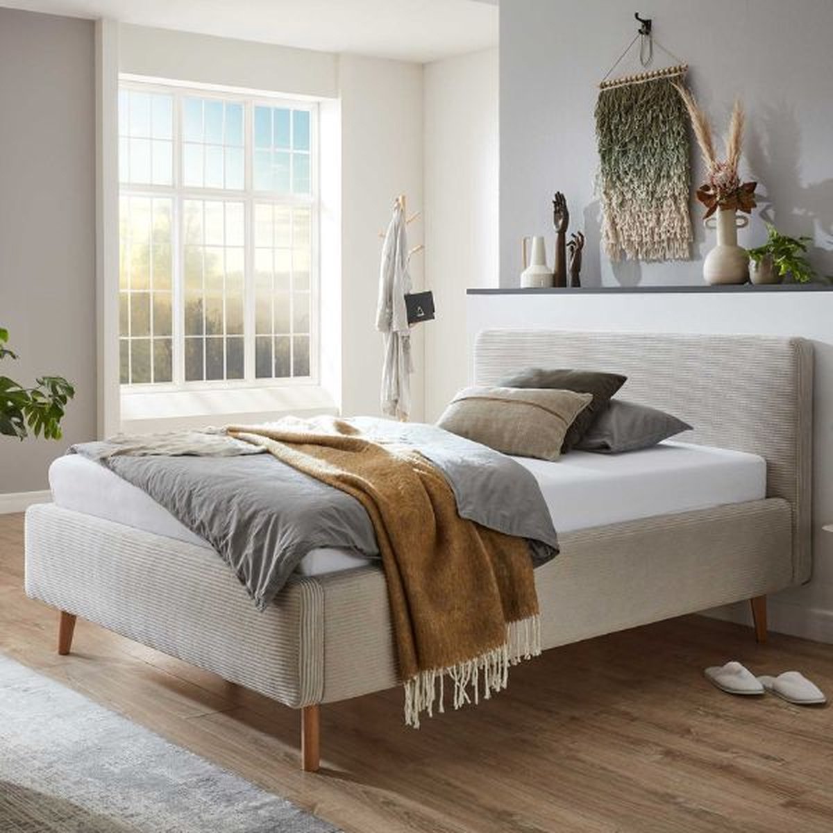 Gestoffeerd Bed Madras 140x200cm Ribfluweel - Beige - Meise - Tweepersoons Gestoffeerd Bed - Beige - Velours; Polyester Tweepersoons Normaal Bed